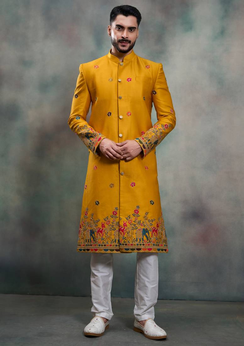 Mustard silk premium designer festive wear indo western set
