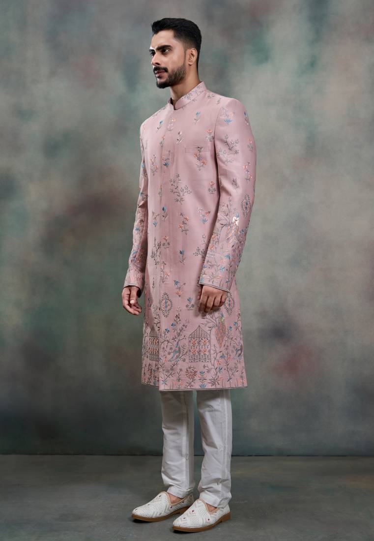 Pink silk premium designer festive wear indo western set