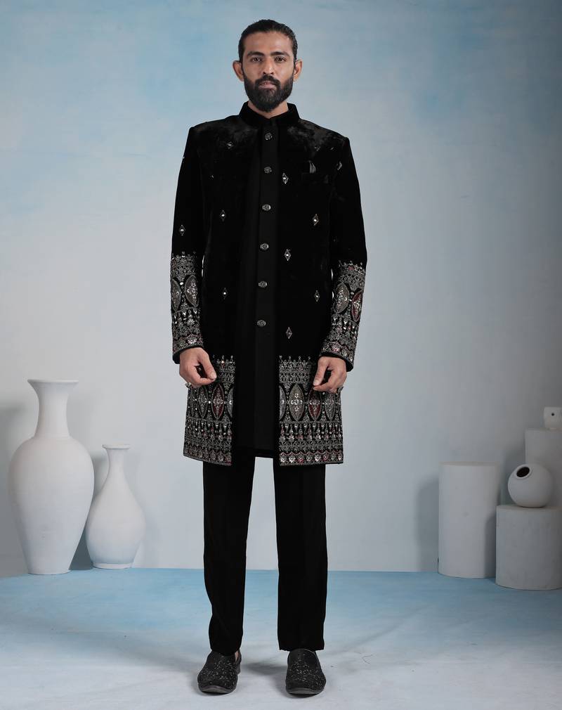 Black velvet premium designer festive wear indo western set