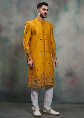 Mustard silk premium designer festive wear indo western set 2
