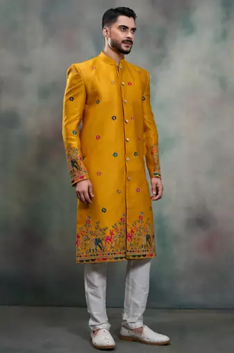 Mustard silk premium designer festive wear indo western set
