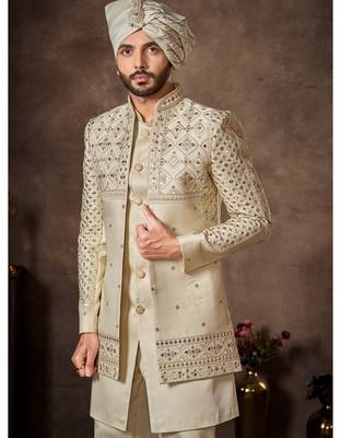 Cream premium silk premium designer festive wear indo western set 1