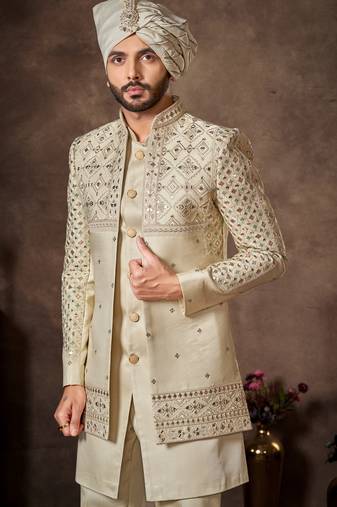 Cream premium silk premium designer festive wear indo western set