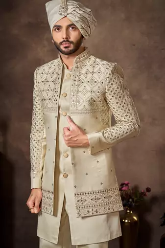Cream premium silk premium designer festive wear indo western set