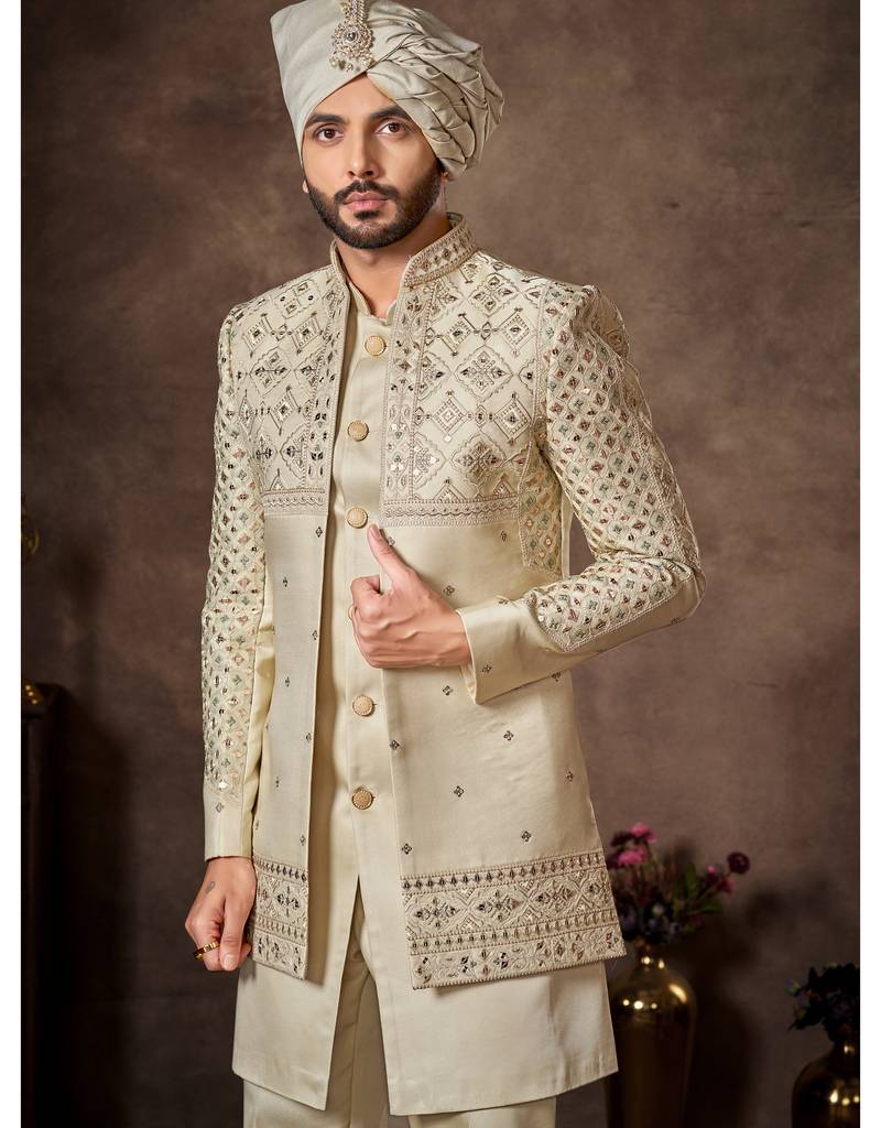 Cream premium silk premium designer festive wear indo western set
