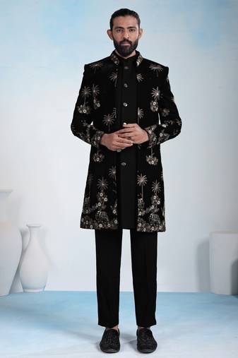 Black velvet premium designer festive wear indo western set