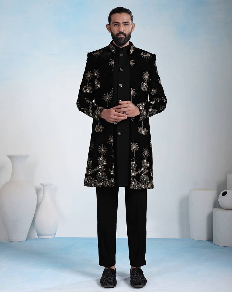Black velvet premium designer festive wear indo western set