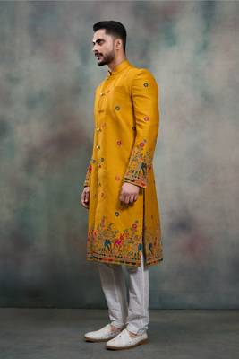 Mustard silk premium designer festive wear indo western set 3