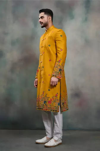 Mustard silk premium designer festive wear indo western set