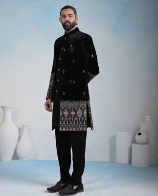 Black velvet premium designer festive wear indo western set 2