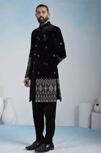 Black velvet premium designer festive wear indo western set