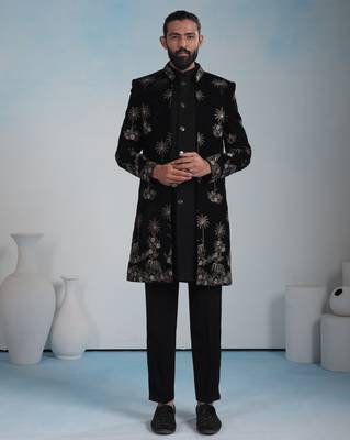 Black velvet premium designer festive wear indo western set 2