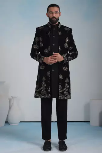 Black velvet premium designer festive wear indo western set