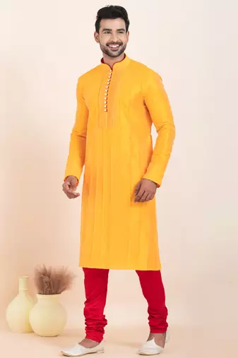Yellow banarsi dhupion  silk-thread work premium designer festive wear kurta pyjama set