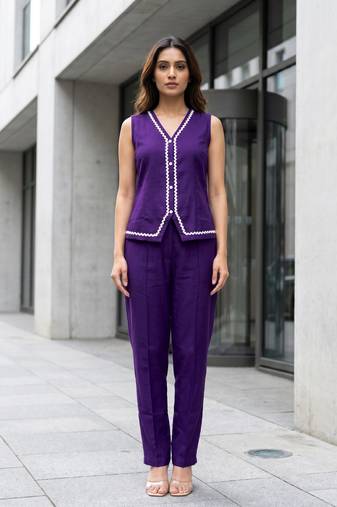Indigo Contrast Lace Work Sleeveless Top with Pant Casual Office Wear Stylish Co ord Set