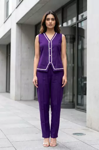 Indigo Contrast Lace Work Sleeveless Top with Pant Casual Office Wear Stylish Co ord Set