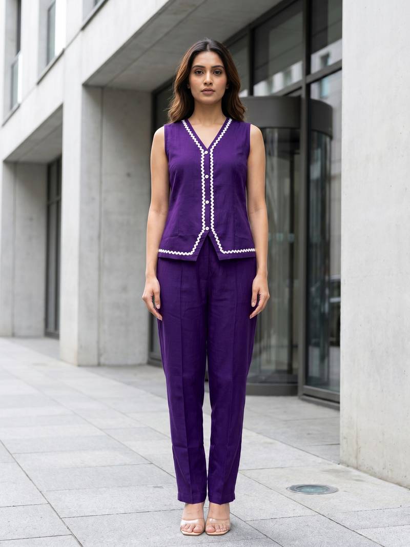 Indigo Contrast Lace Work Sleeveless Top with Pant Casual Office Wear Stylish Co ord Set