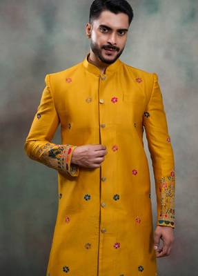 Mustard silk premium designer festive wear indo western set 4