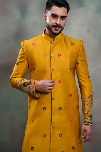 Mustard silk premium designer festive wear indo western set