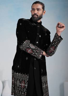 Black velvet premium designer festive wear indo western set 3