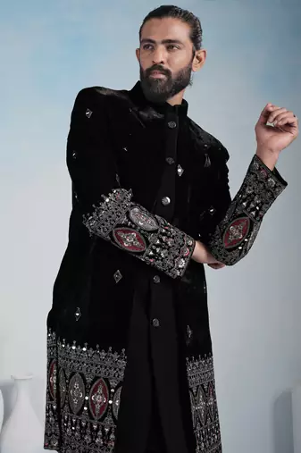 Black velvet premium designer festive wear indo western set