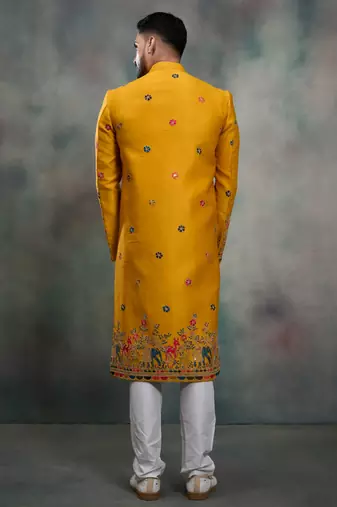 Mustard silk premium designer festive wear indo western set