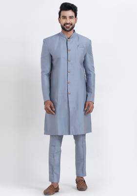 Grey banarasi dhupion silk premium designer festive wear indo western set 1