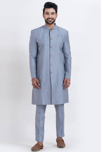 Grey banarasi dhupion silk premium designer festive wear indo western set