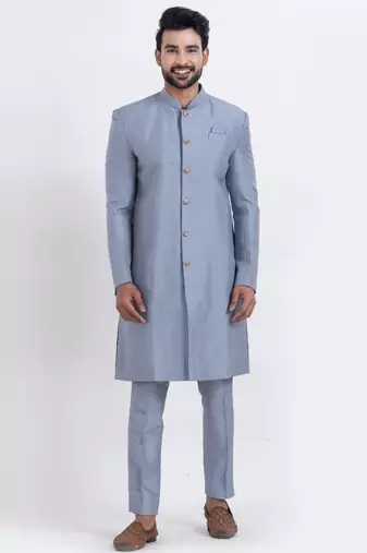 Grey banarasi dhupion silk premium designer festive wear indo western set