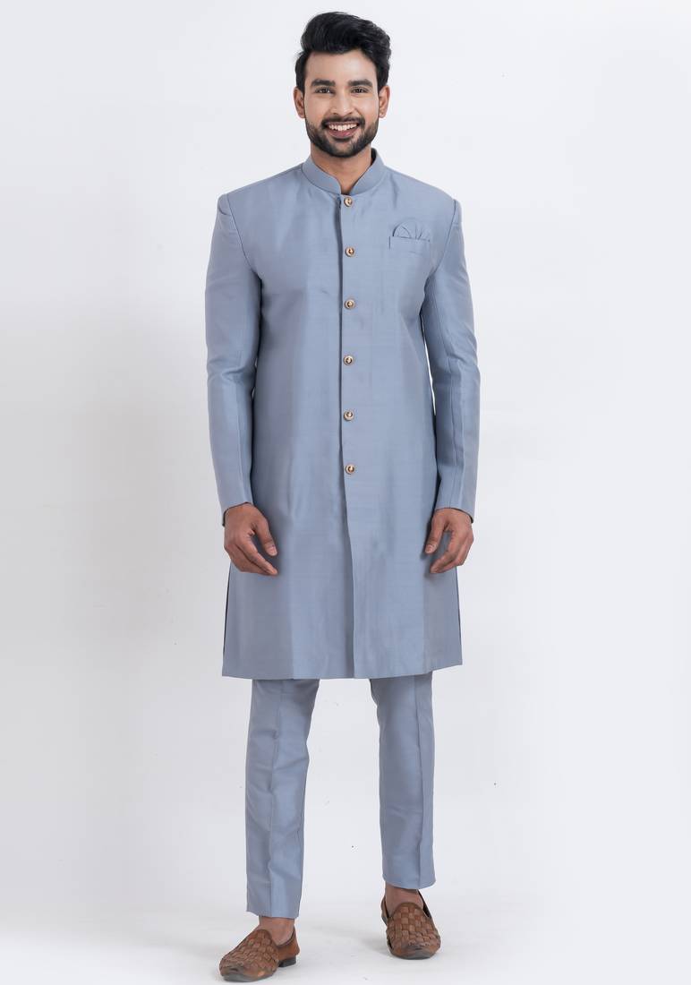 Grey banarasi dhupion silk premium designer festive wear indo western set