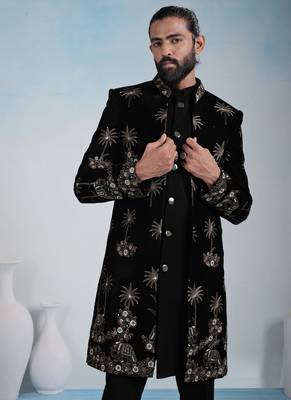 Black velvet premium designer festive wear indo western set 4