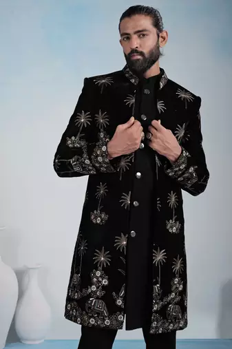 Black velvet premium designer festive wear indo western set