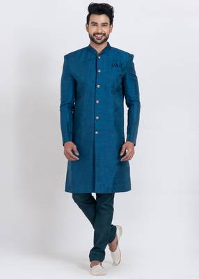 Teal blue banarasi dhupion silk premium designer festive wear indo western set 1