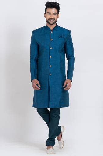 Teal blue banarasi dhupion silk premium designer festive wear indo western set