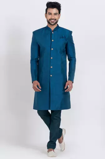 Teal blue banarasi dhupion silk premium designer festive wear indo western set