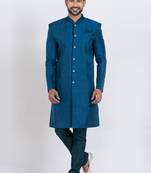 Teal blue banarasi dhupion silk premium designer festive wear indo western set