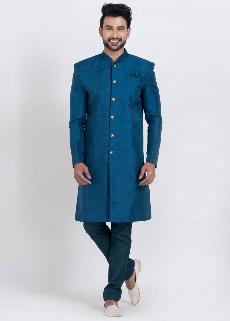 Teal blue banarasi dhupion silk premium designer festive wear indo western set