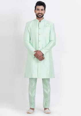 Light green banarasi dhupion silk premium designer festive wear indo western set 1