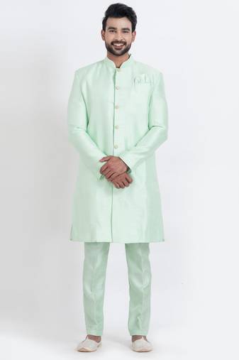 Light green banarasi dhupion silk premium designer festive wear indo western set