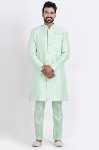 Light green banarasi dhupion silk premium designer festive wear indo western set