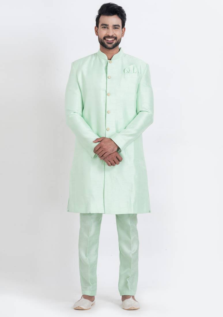 Light green banarasi dhupion silk premium designer festive wear indo western set