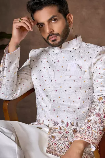 White premium silk premium designer festive wear kurta trouser with jacket set
