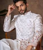 White premium silk premium designer festive wear kurta trouser with jacket set