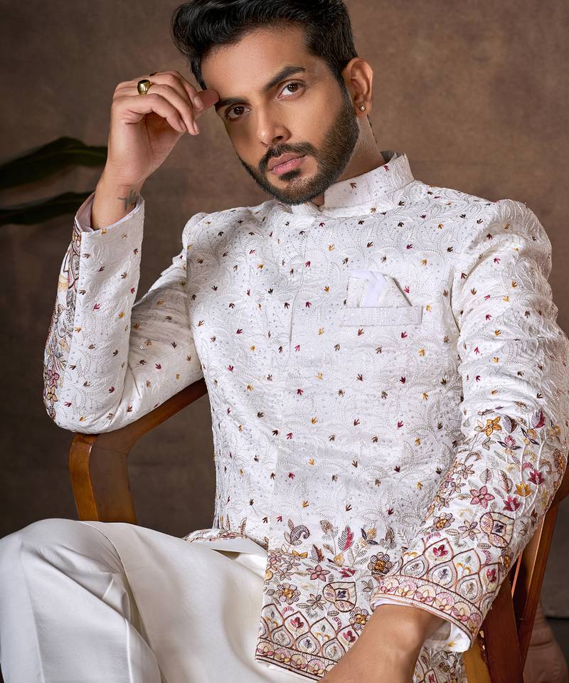 White premium silk premium designer festive wear kurta trouser with jacket set