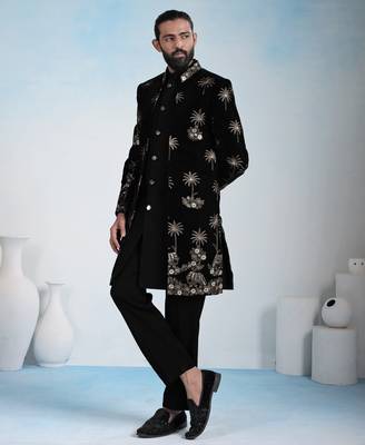 Black velvet premium designer festive wear indo western set 5