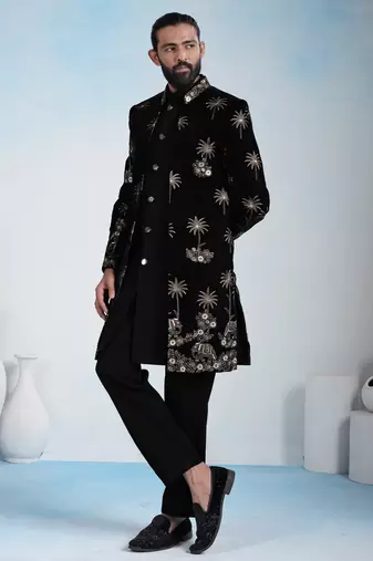 Black velvet premium designer festive wear indo western set