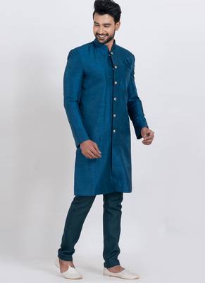 Teal blue banarasi dhupion silk premium designer festive wear indo western set 2