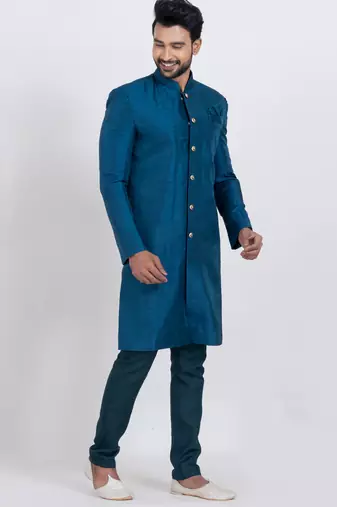 Teal blue banarasi dhupion silk premium designer festive wear indo western set