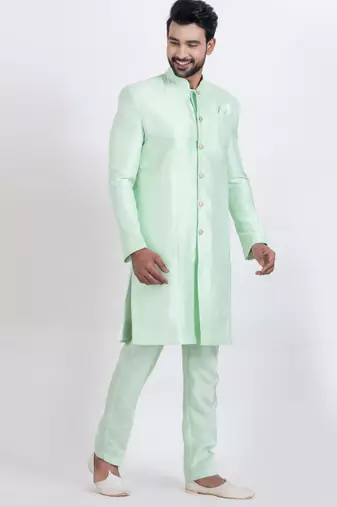 Light green banarasi dhupion silk premium designer festive wear indo western set