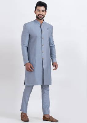 Grey banarasi dhupion silk premium designer festive wear indo western set 3